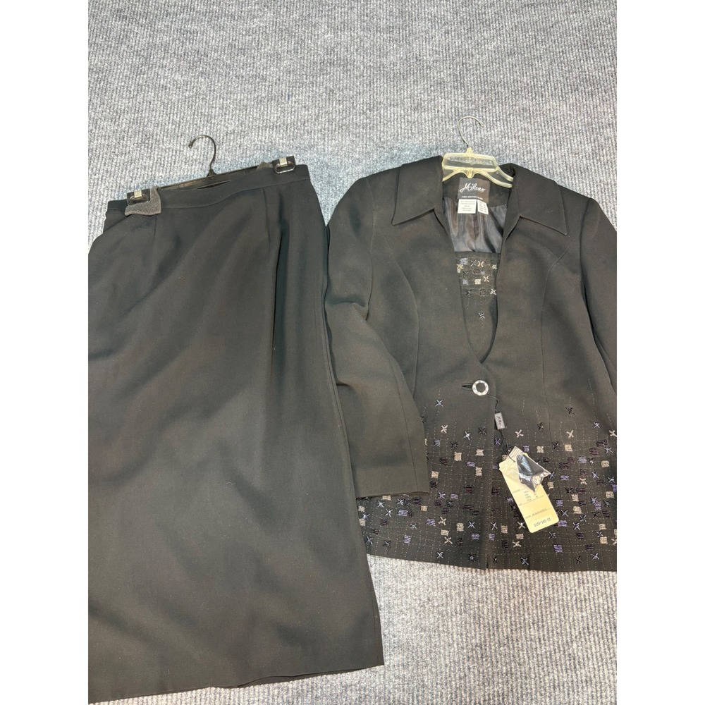 Milano New York Paris Beaded Skirt Suit Set Black Blazer Midi Skirt NWT Size 12